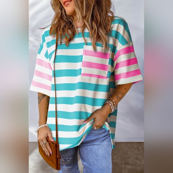 Boutique Blue Pink Stripe Contrast Patch Pocket Drop Sleeve T-Shirt Size Medium - Picture 1 of 16